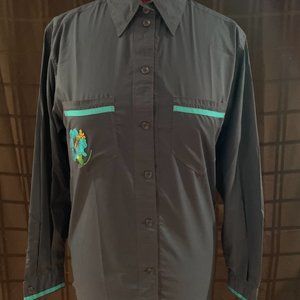 Navy menswear-inspired dress shirt with aqua floral applique & ribbons